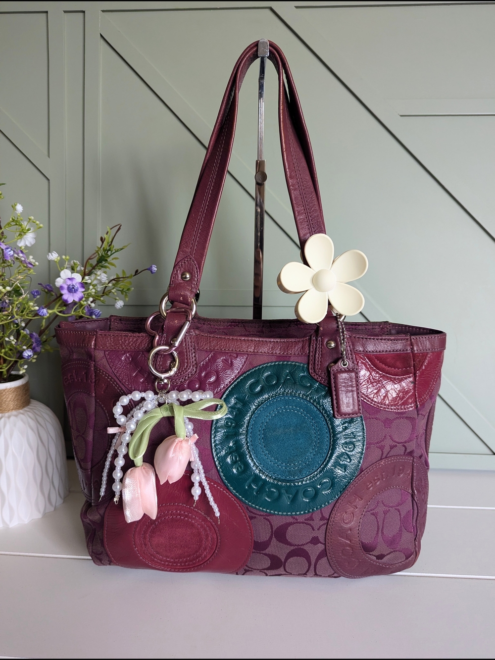 Vintage Coach Circle Patchwork East West Shoulder Tote Bag